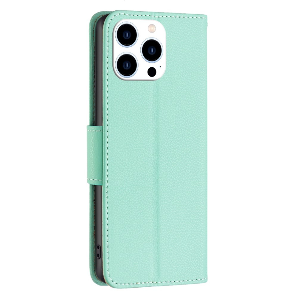 iPhone 14 Pro Leder Tasche Flip Cover im Litchi Look mit Kartenfach   Handschlaufe - Türkis