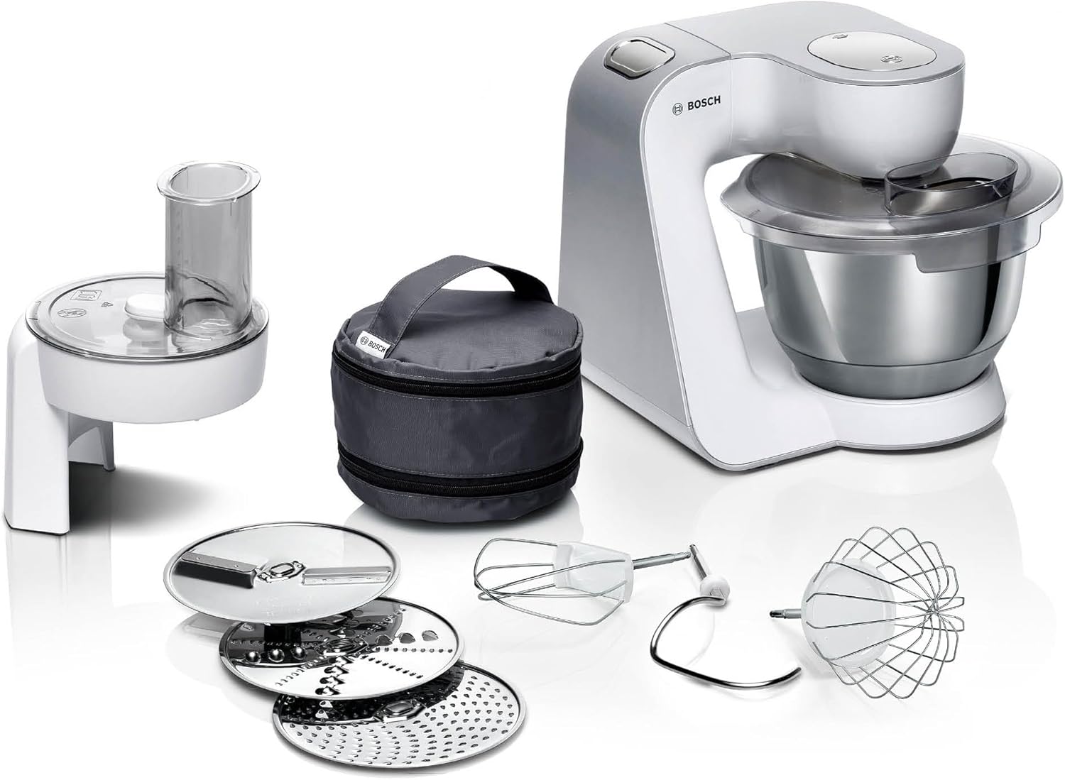 Bosch Küchenmaschine Serie 4, Edelstahl-Schüssel 3,9 L, Patisserie-Set Edelstahl, Knethaken, Schlagbesen, Rührbesen, Durchlaufschnitzler, 3 Scheiben, 1000 W, weiß/silber, MUM58210