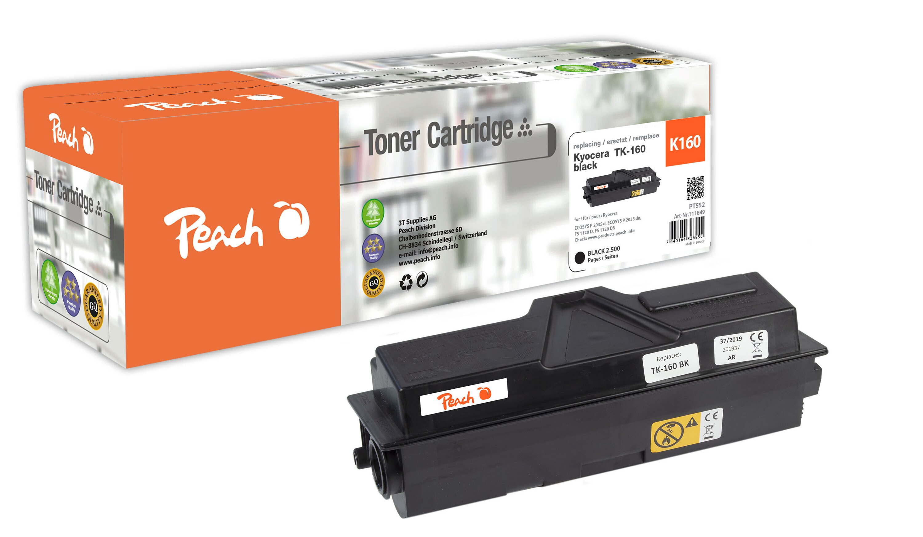 Peach K160Toner bk ersetzt Kyocera TK-160 für z.B. Kyocera ECOSYS P 2035 d, Kyocera ECOSYS P 2035 dn, Kyocera FS -1120 D, Kyocera FS -1120 DN (wiederaufbereitet)