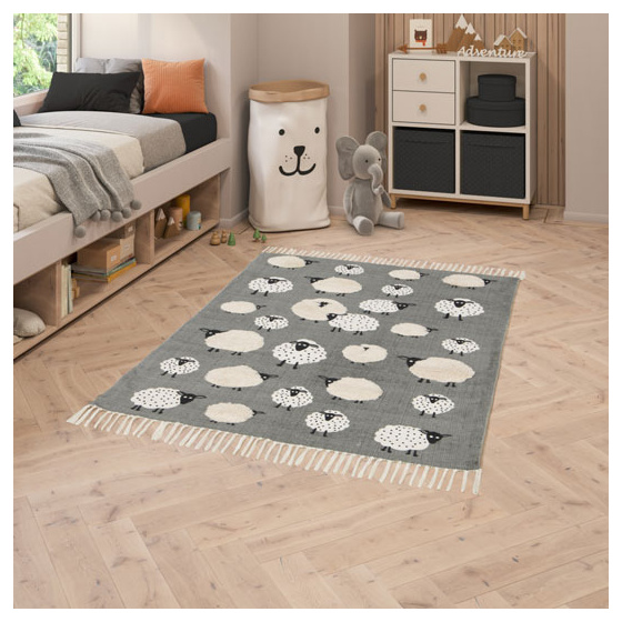 Tapis chambre d'enfant - petits moutons - gris et beige - 75 x 150 cm