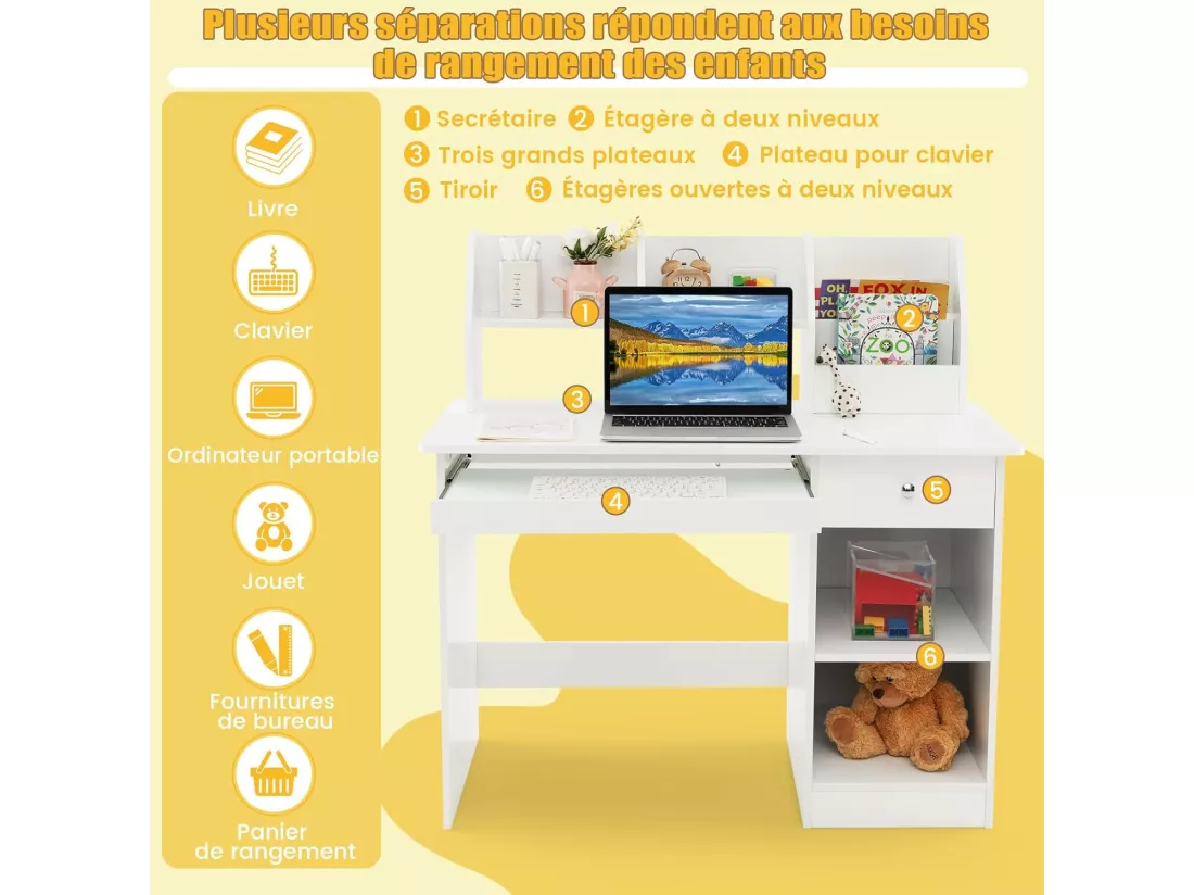 Bureau Enfants en Bois avec Etagères & Niche, Bureau d'Etude Enfants avec Plateau à Clavier, Dispositif Anti-basculement & Patins Antidérapants, Charge 100kg, 90x45x90cm