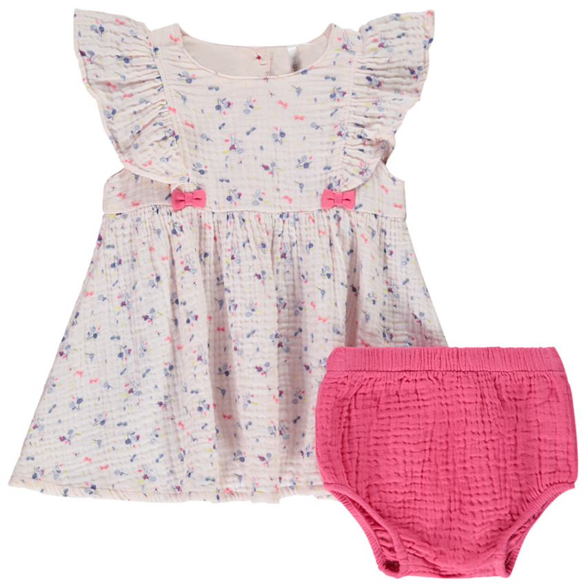 Ensemble robe + bloomer en double gaze de coton pour bébé fille