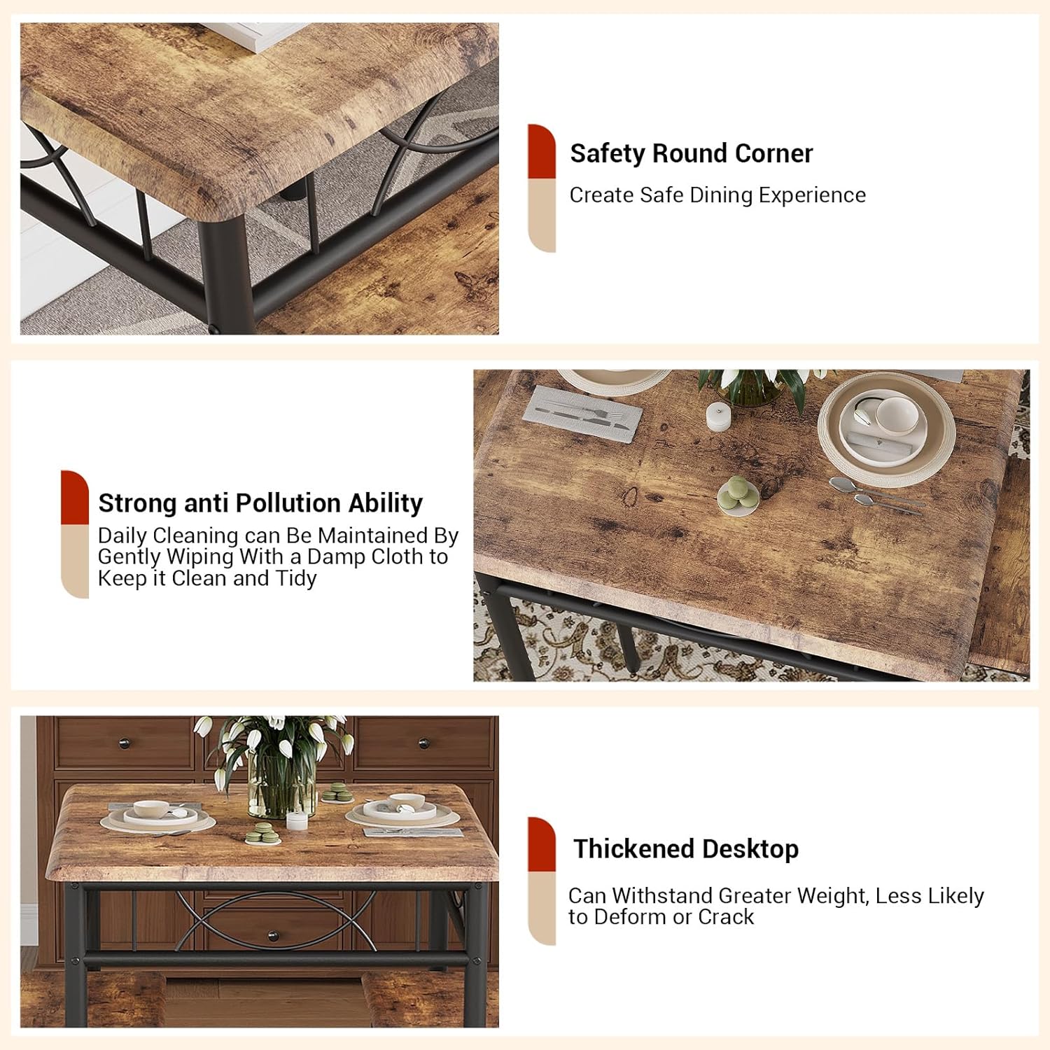 Garvee 1-Tisch-2-Stühle Esszimmer-Set, Retro-Stil Essgruppe mit MDF-Oberfläche & Eisenrahmen (100,5×76×16,2 cm)