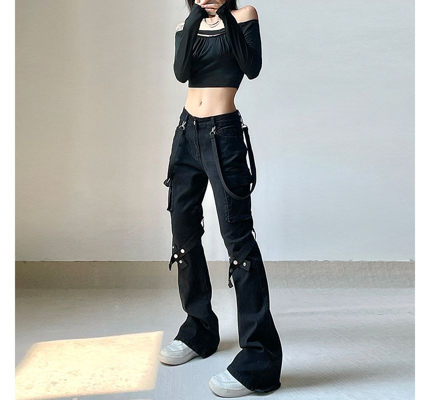 PolkaBella - Low Rise Cross Strap Bootcut Cargo Jeans