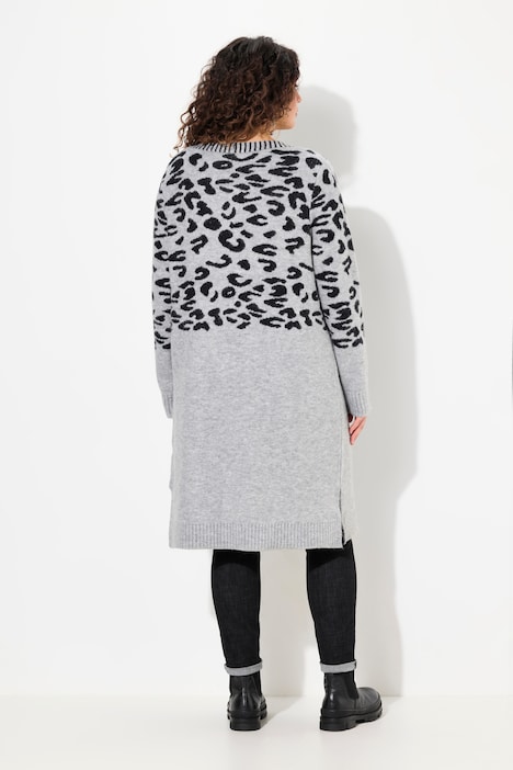 Long-Strickjacke, Leomuster, V-Ausschnitt, Langarm