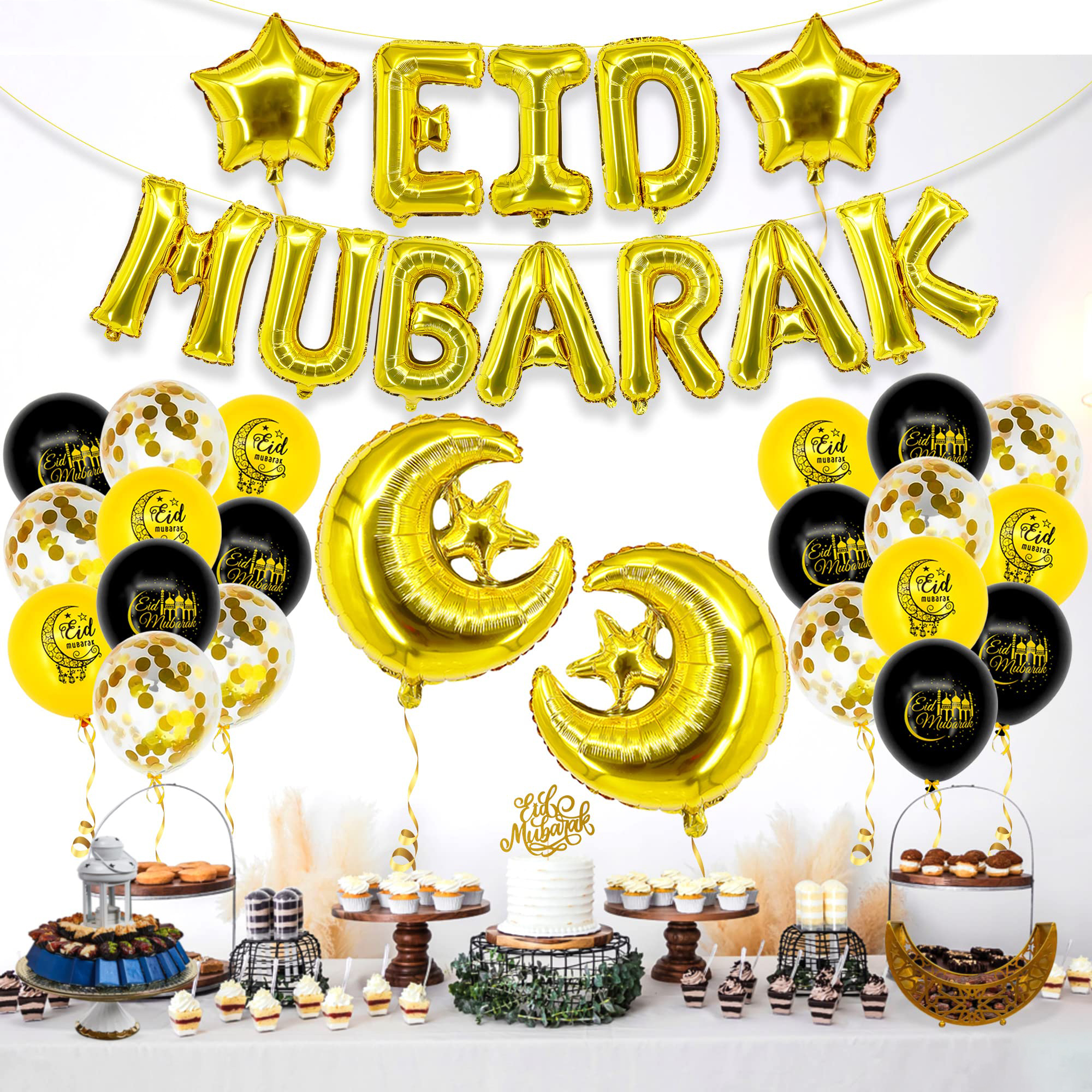 (26-tlg. Set) Ramadan Ballon Girlande Eid Mubarak Party Deko   Latex- & Folien Luftballons - Gold / Schwarz