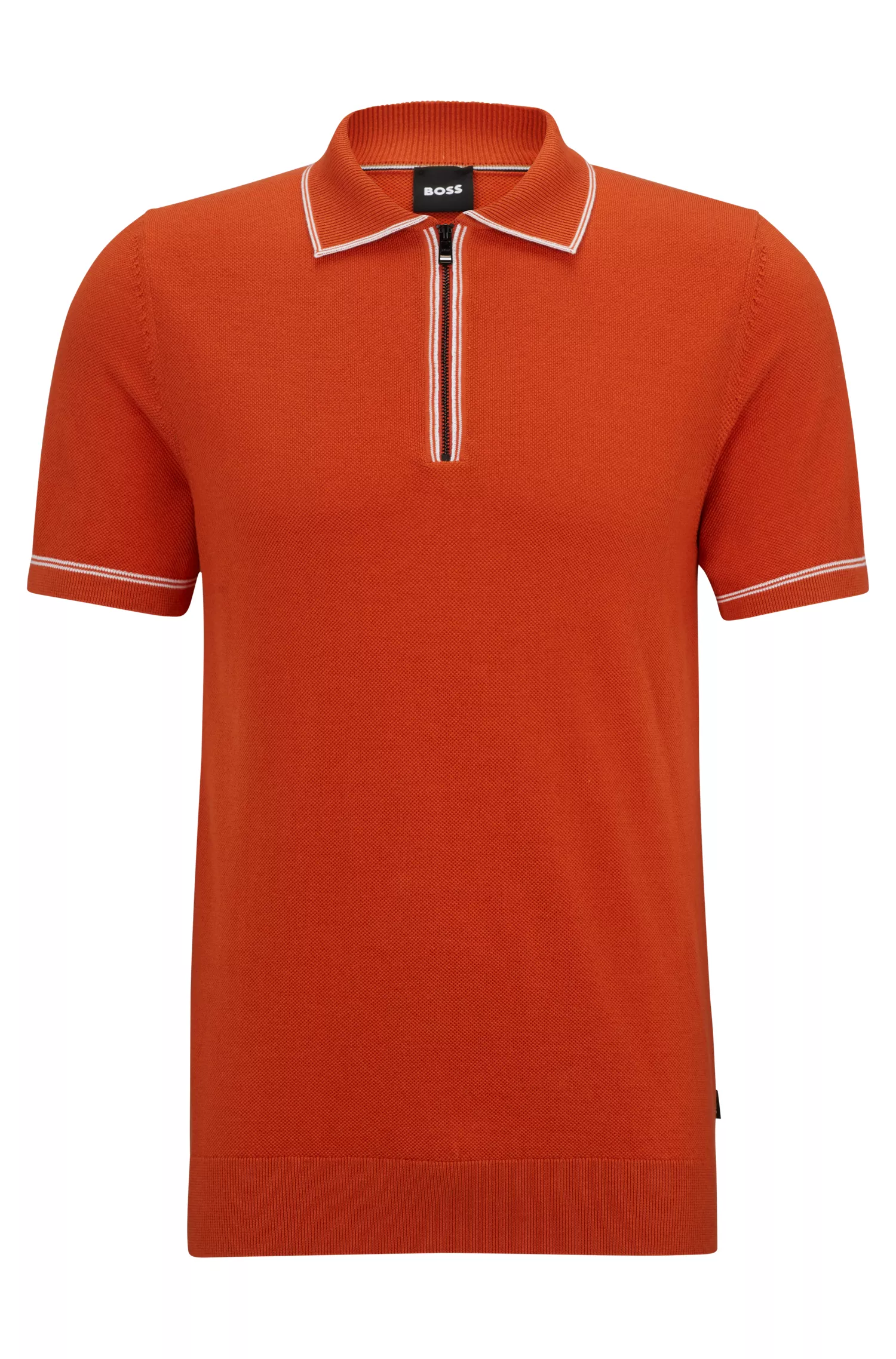 Camisa polo BOSS preta, corte regular, com fecho de zíper.