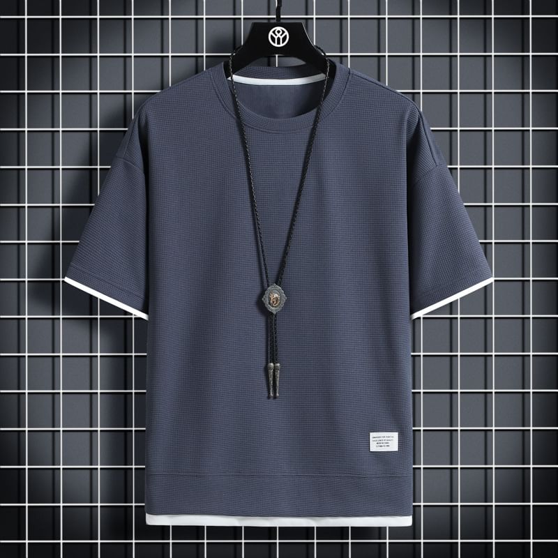 Acrius - T-shirt met ronde hals, elleboogmouwen en motief van een tweedelig appliqué met wafelmotief / T-shirt met korte mouwen en effen patroon