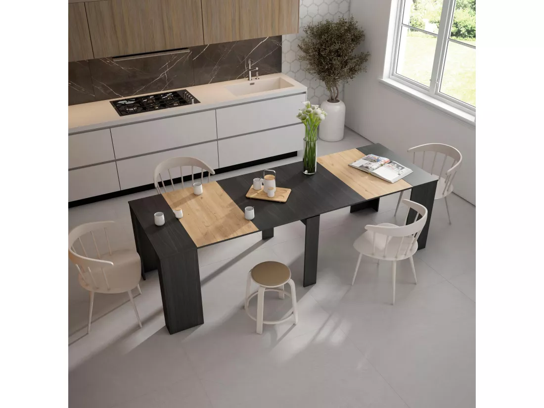 Table console extensible, 260, Pour 12 personnes, Table à Manger, Noir et chêne