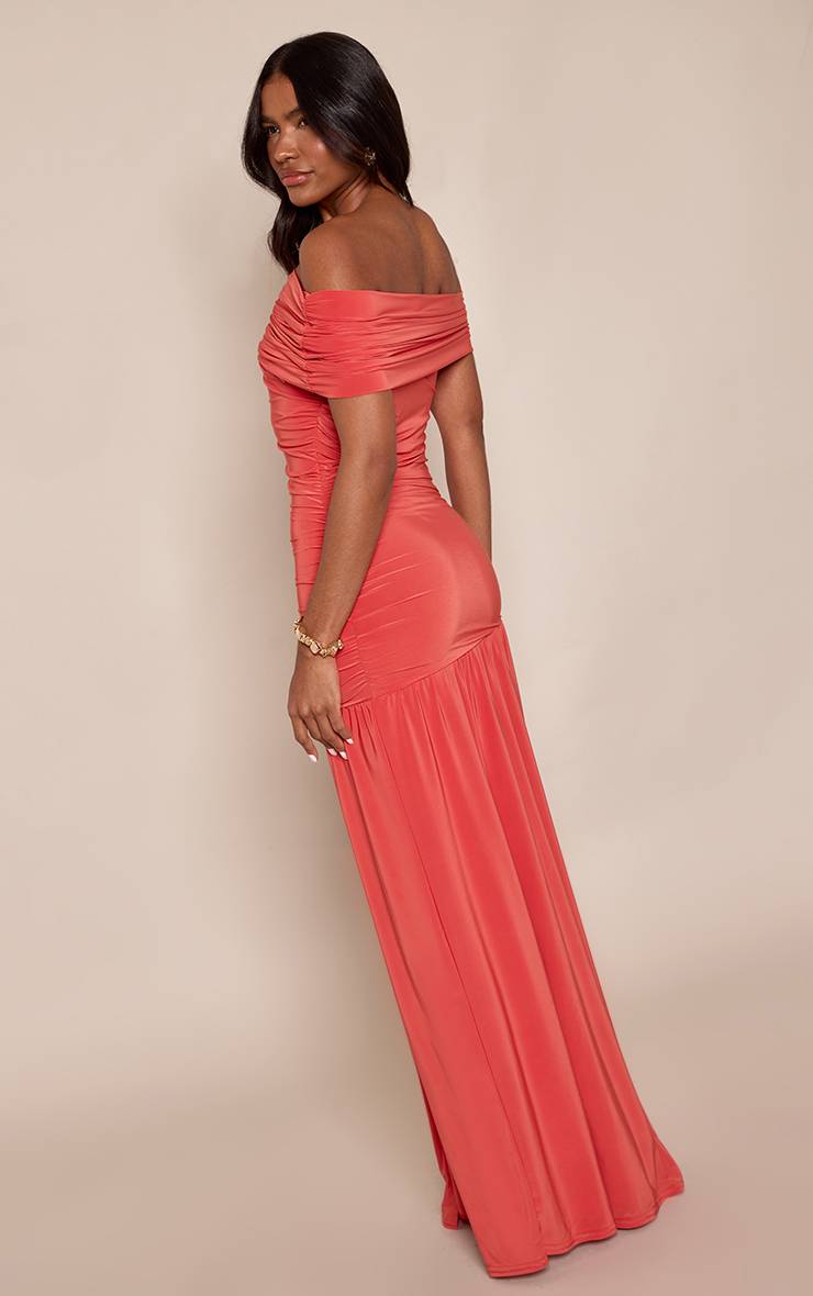 Orange Robe Longue Froncée Asymétrique Bardot Double Couche En Jersey Slinky