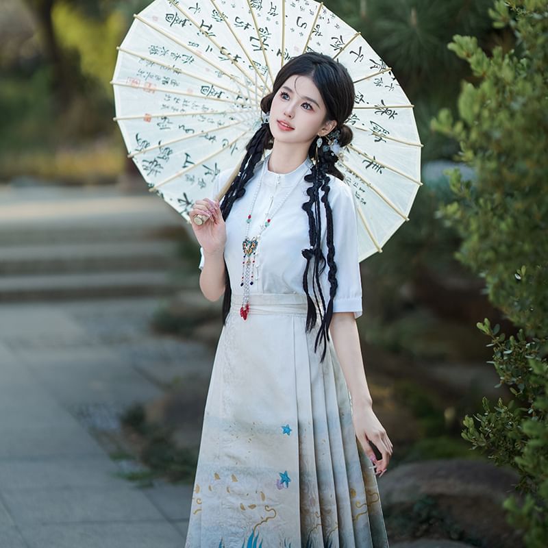 Fioridi - Hanfu-top met korte mouwen en knoopjes / Midi-rok met hoge taille en feniksprint