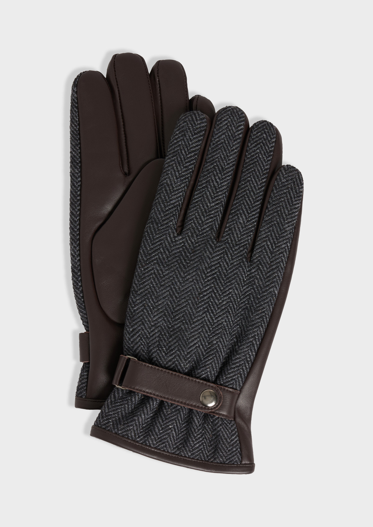 Gants bi-matière en cuir et chevron gris et marron
