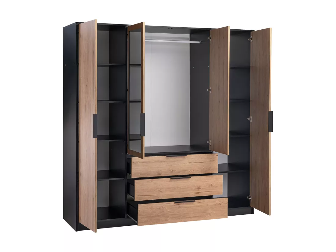 Armoire 4 portes et 3 tiroirs - Avec miroirs - L196 cm - Coloris : Naturel et noir - LAMIKI
