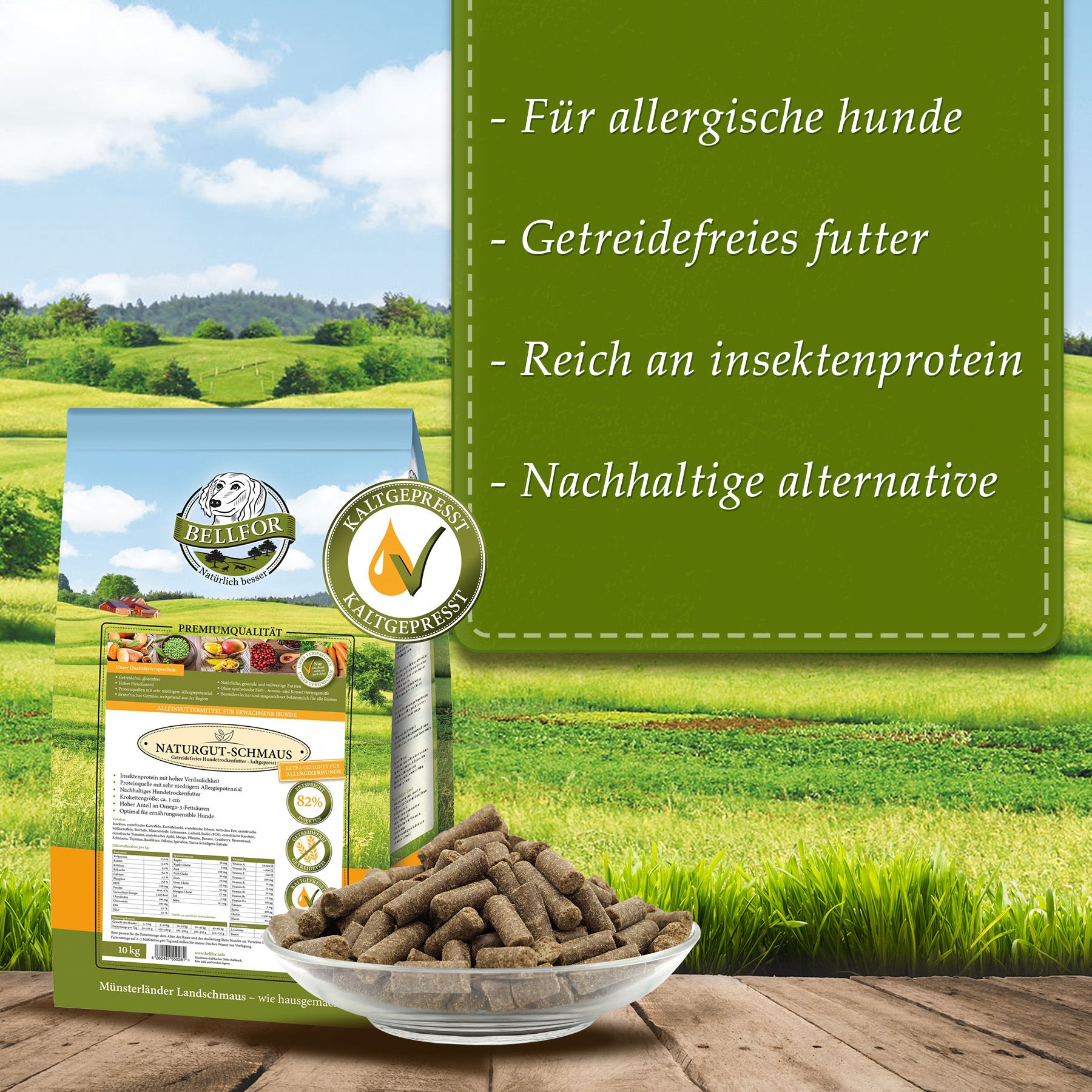 Bellfor Kaltgepresst hypoallergenes Trockenfutter für Hunde mit Insekten - Naturgut-Schmaus