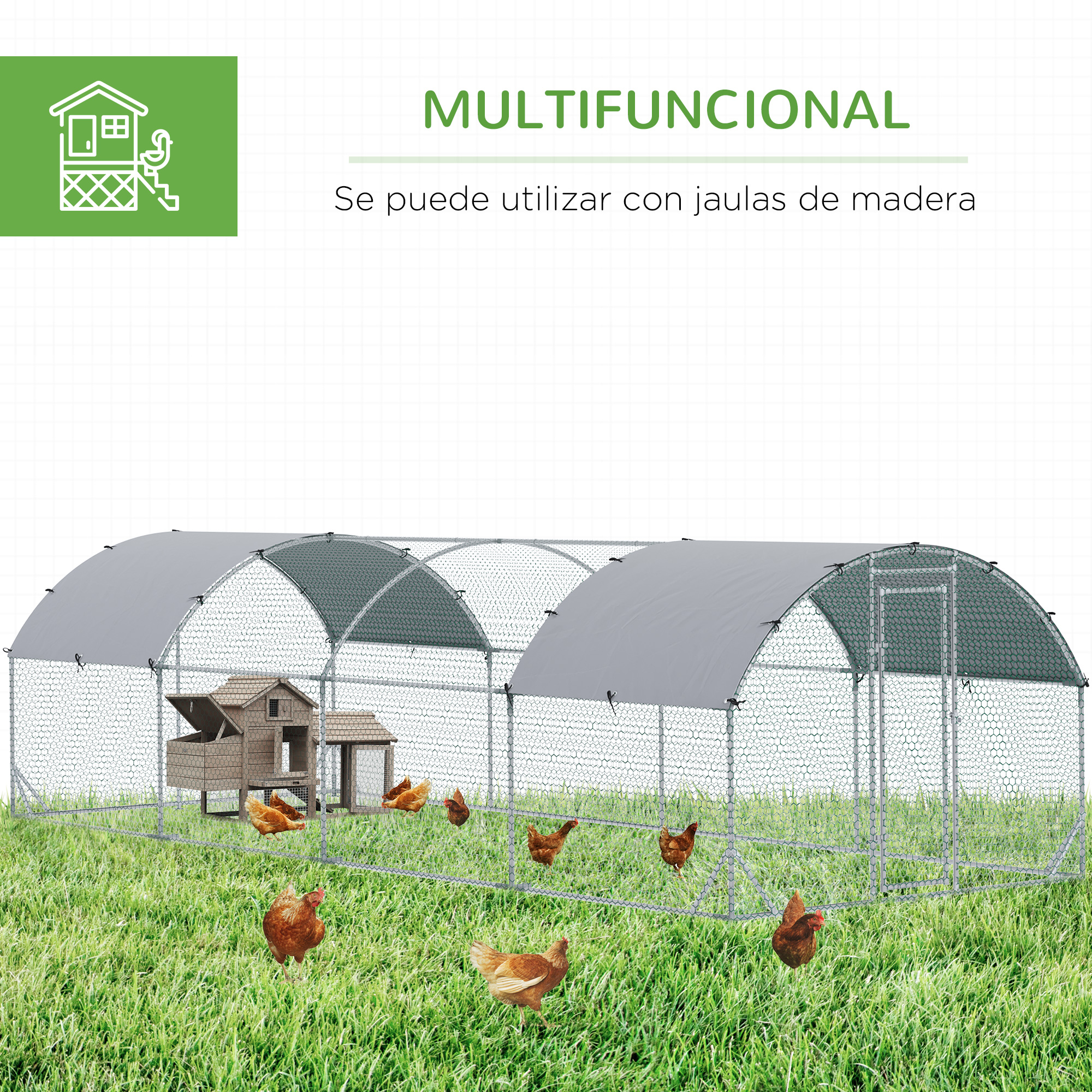Gaiola grande para aves PawHut, em aço galvanizado, para uso externo, 280x760x197 cm, com cobertura impermeável e resistente aos raios UV em tecido Oxford, cor prata.