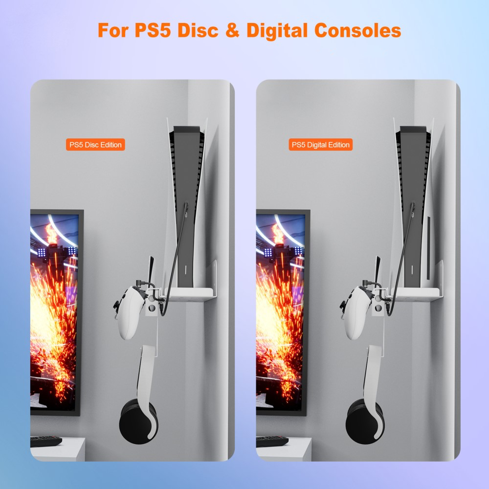 Sony PlayStation PS5 Wandhalterung Metall Konsolen Halter mit Fernbedienung / Headset / Controller Halterung inkl. Dual Ladekabel - Weiss