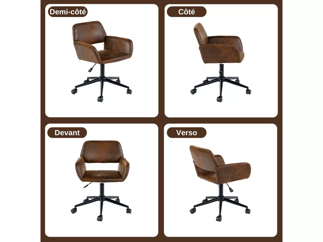 Chaise de bureau rétro-daim-hauteur réglable-avec roulettes-convient au coin bureau, chambre à coucher-marron