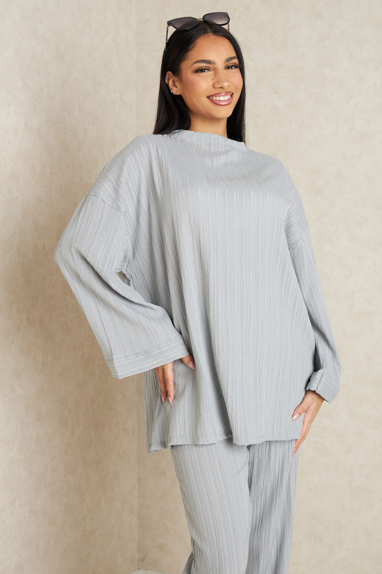 Ensemble 2 pièces pull fin + pantalon à rayures gris clair