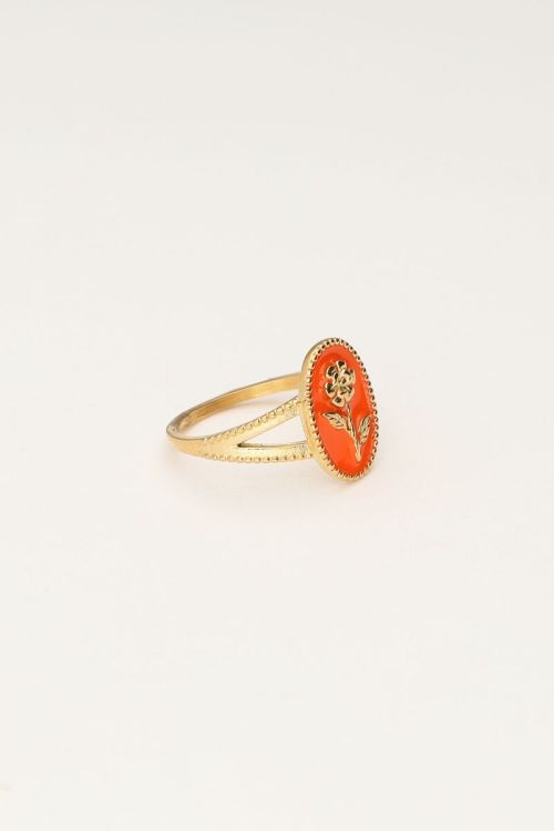 Art oranje statement ring met bloem