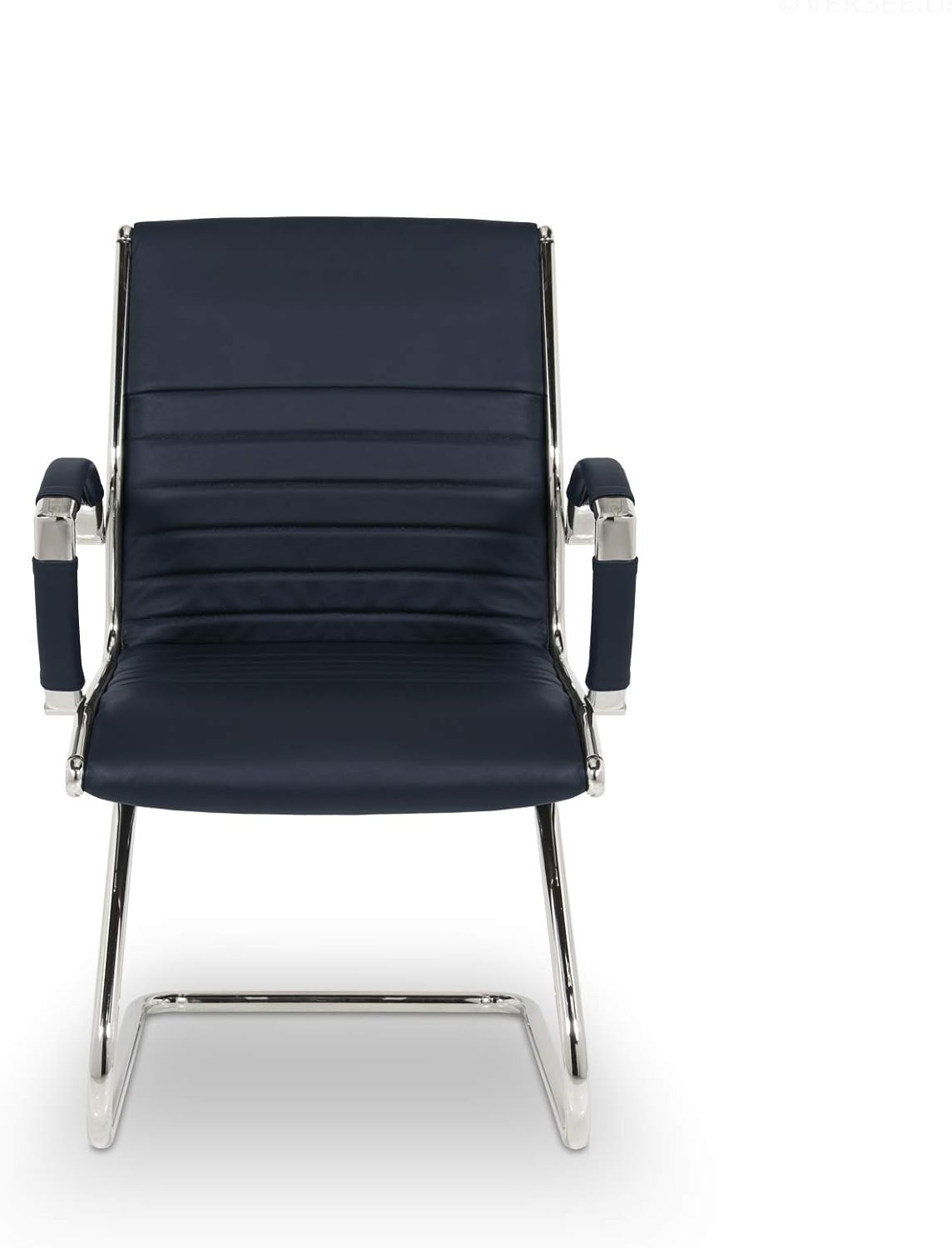 VERSEE Premium Echt-Leder Besucherstuhl Montreal in Dunkelblau mit Armlehne - Freischwinger mit Chrom für Büro und Konferenzräume - Belastbar bis 150kg