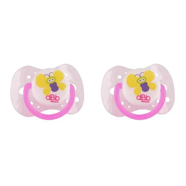 Chupeta anatômica de silicone dBb Remond com borboleta rosa translúcida para a primeira infância
