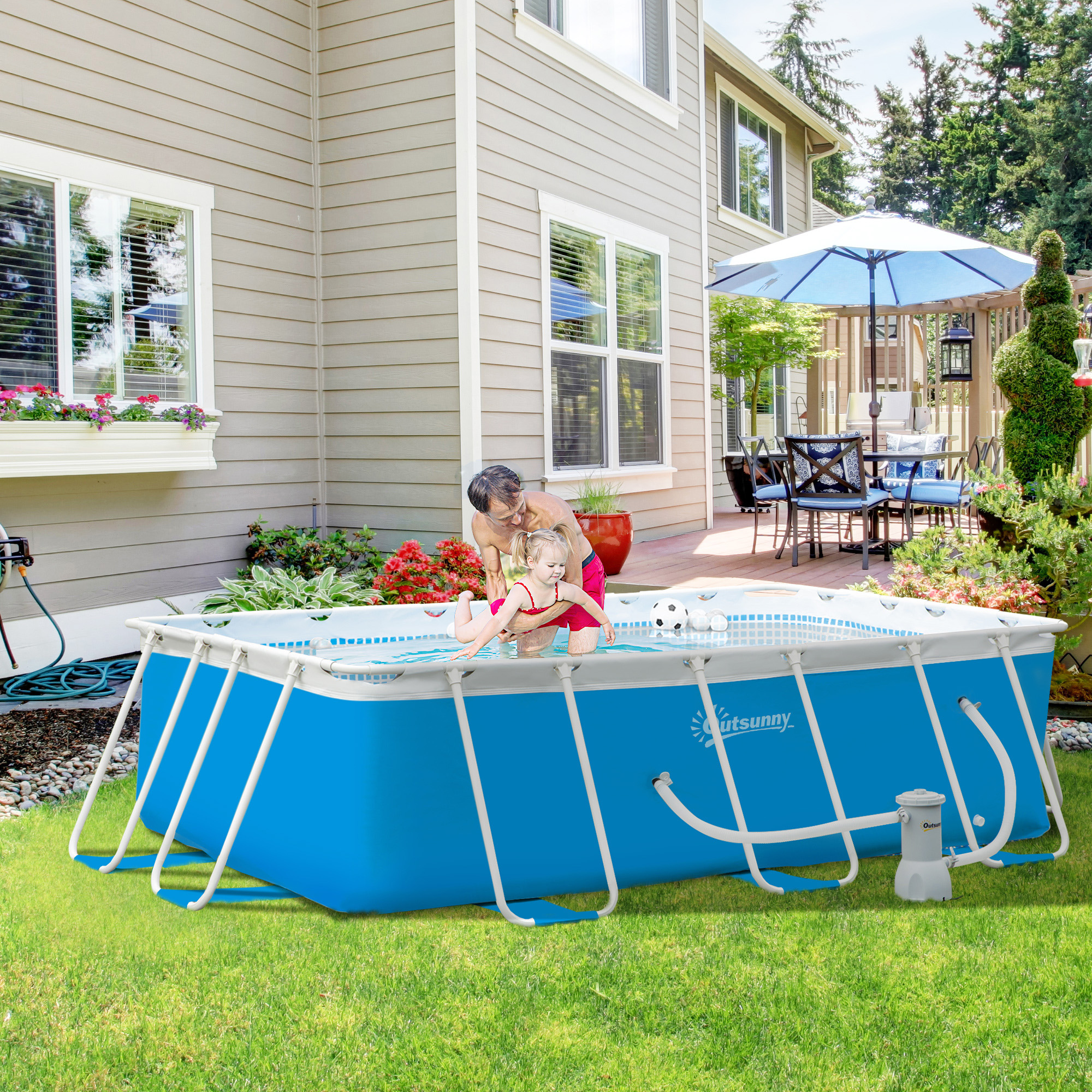 Piscina tubular retangular Outsunny de 340x215x80 cm para uso externo, com bomba de filtro de cartucho de 4.000 L/h, mangueiras de 100 cm de comprimento e estrutura de aço de 4.200 L, azul.