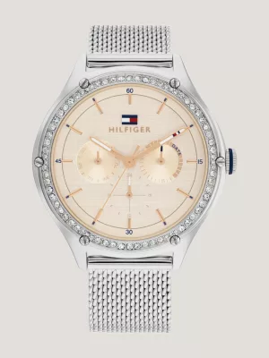 Relógio com pulseira de malha e aro de cristal