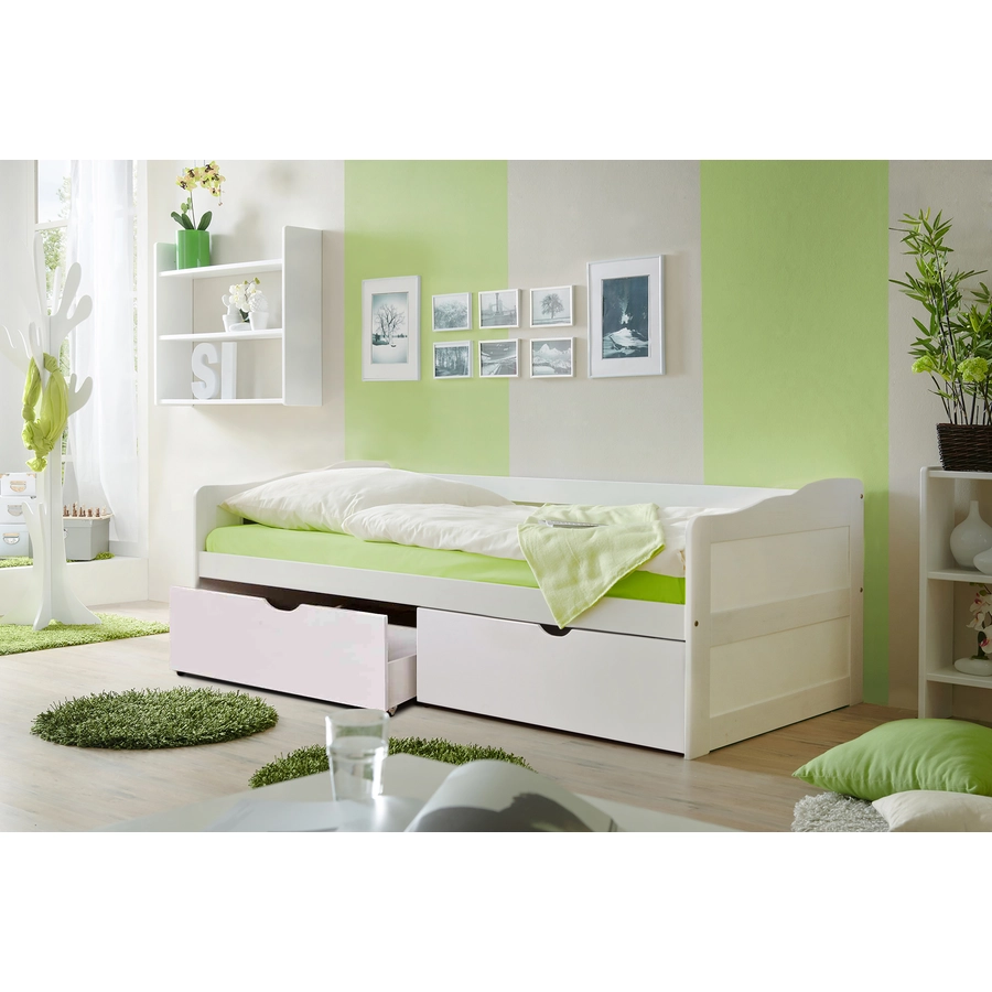 TiCAA Sofabett Melanie mit Schubkasten 90 x 200 cm Kiefer weiß