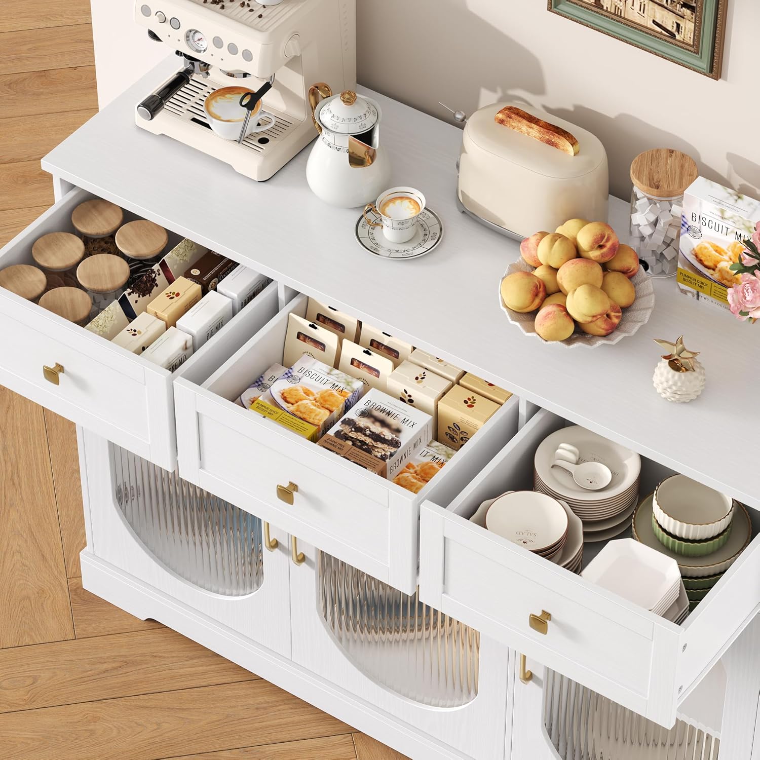 FirFurd Sideboard 120cm Breit Küchenschrank mit Arbeitsplatte Sideboard für Küche Wohnzimmer Buffetschrank mit 3 Schubladen & 3 Glasstüren Küchenbuffet mit Verstellbares Regal weiß 120x89x39.8cm