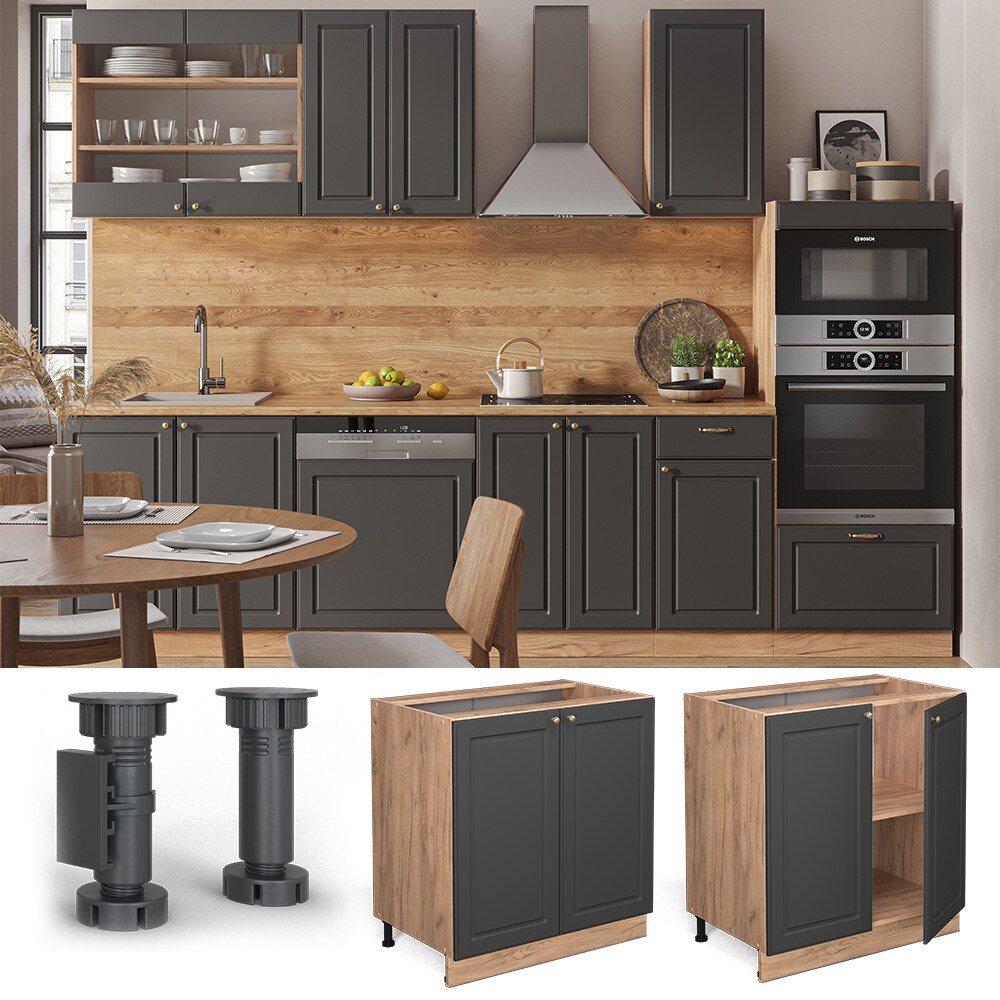 Vicco Unterschrank Küchenschrank Küchenmöbel Fame-Line Eiche Anthrazit-Gold Landhaus 80 cm Küche Einbauküche Drehtür Einlegeboden Blende Küchenzeile