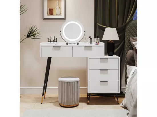 Table de toilette blanche (sans chaise), avec armoires latérales coulissantes, miroir à luminosité réglable, avec 5 tiroirs