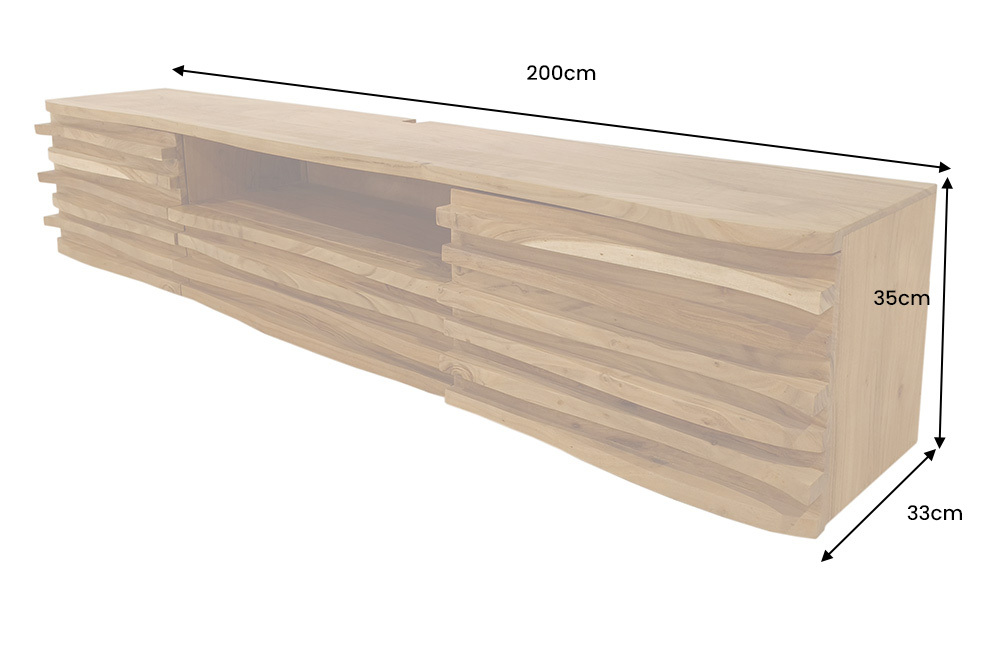 Hängendes TV-Lowboard RELIEF 200cm natur Akazienholz massiv mit aufwändiger Front