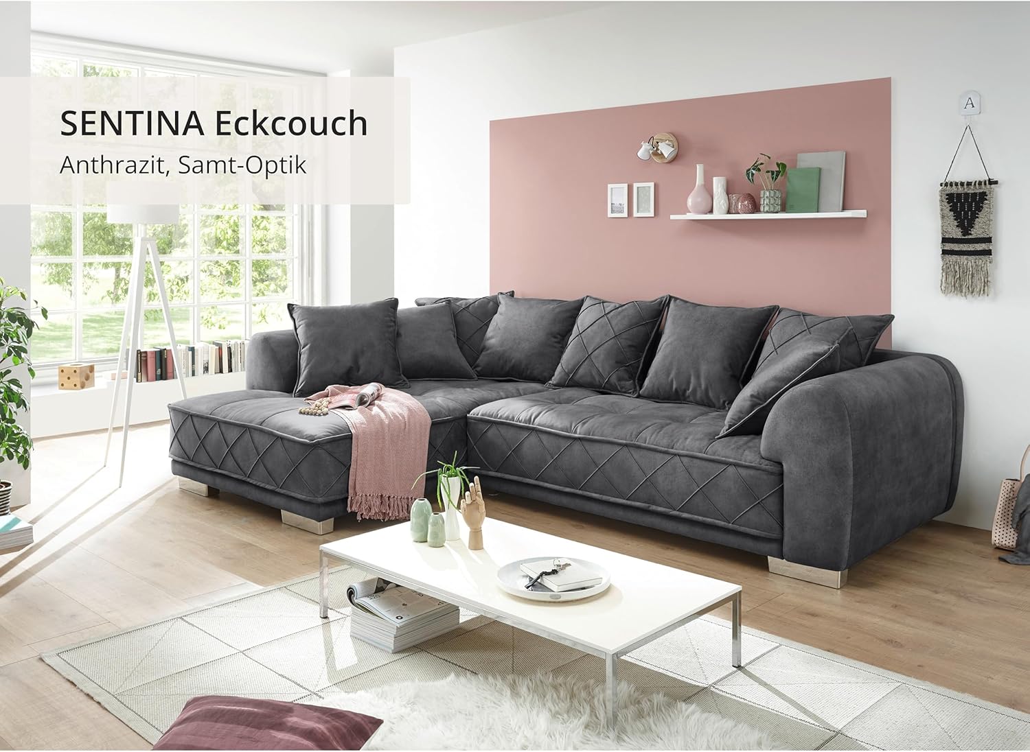 Stella Trading SENTINA Ecksofa in Samtoptik, Anthrazit - Moderne Eckcouch in L-Form mit universell stellbarer Ottomane & dekorativer Steppung - 319 x 73 (90) x 194 cm (B/H/T)