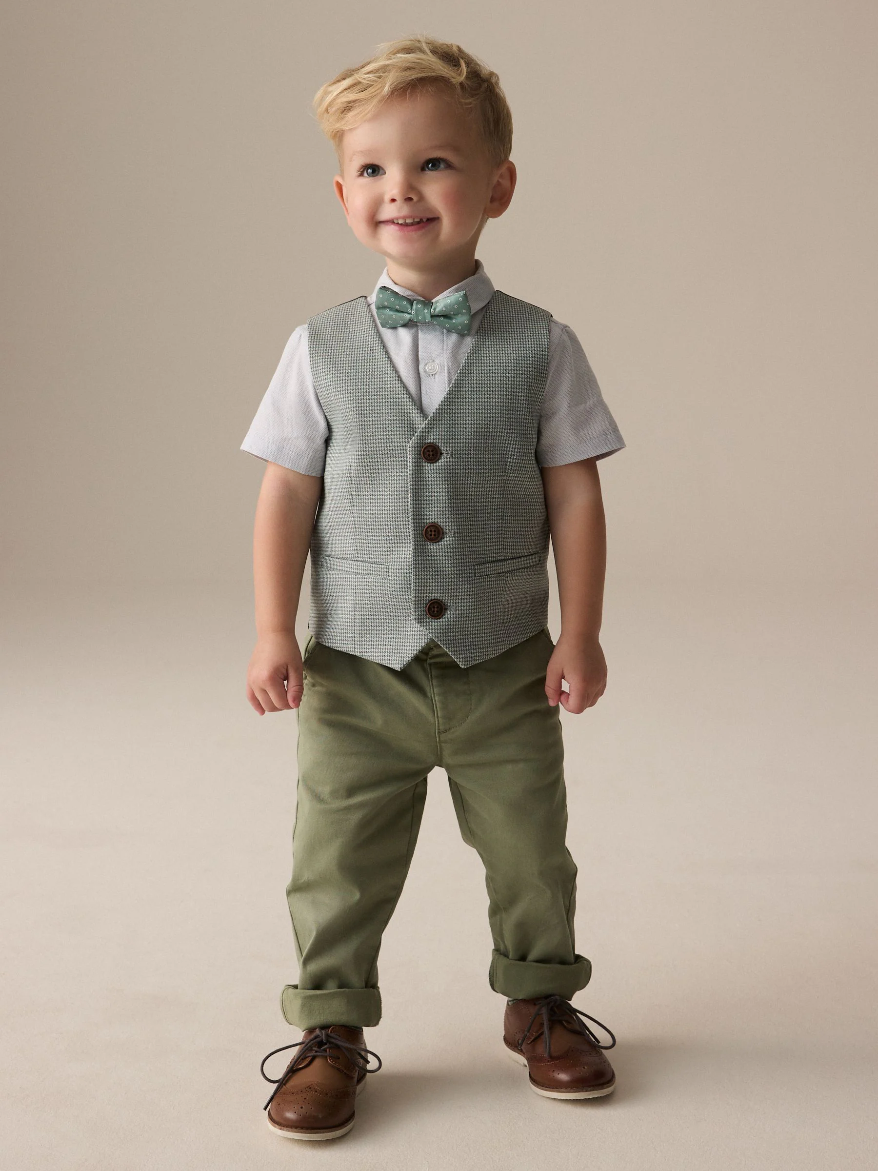 Sage Green Puppytooth - Set van gilet, hemd en vlinderdas (3mnd -9jr)