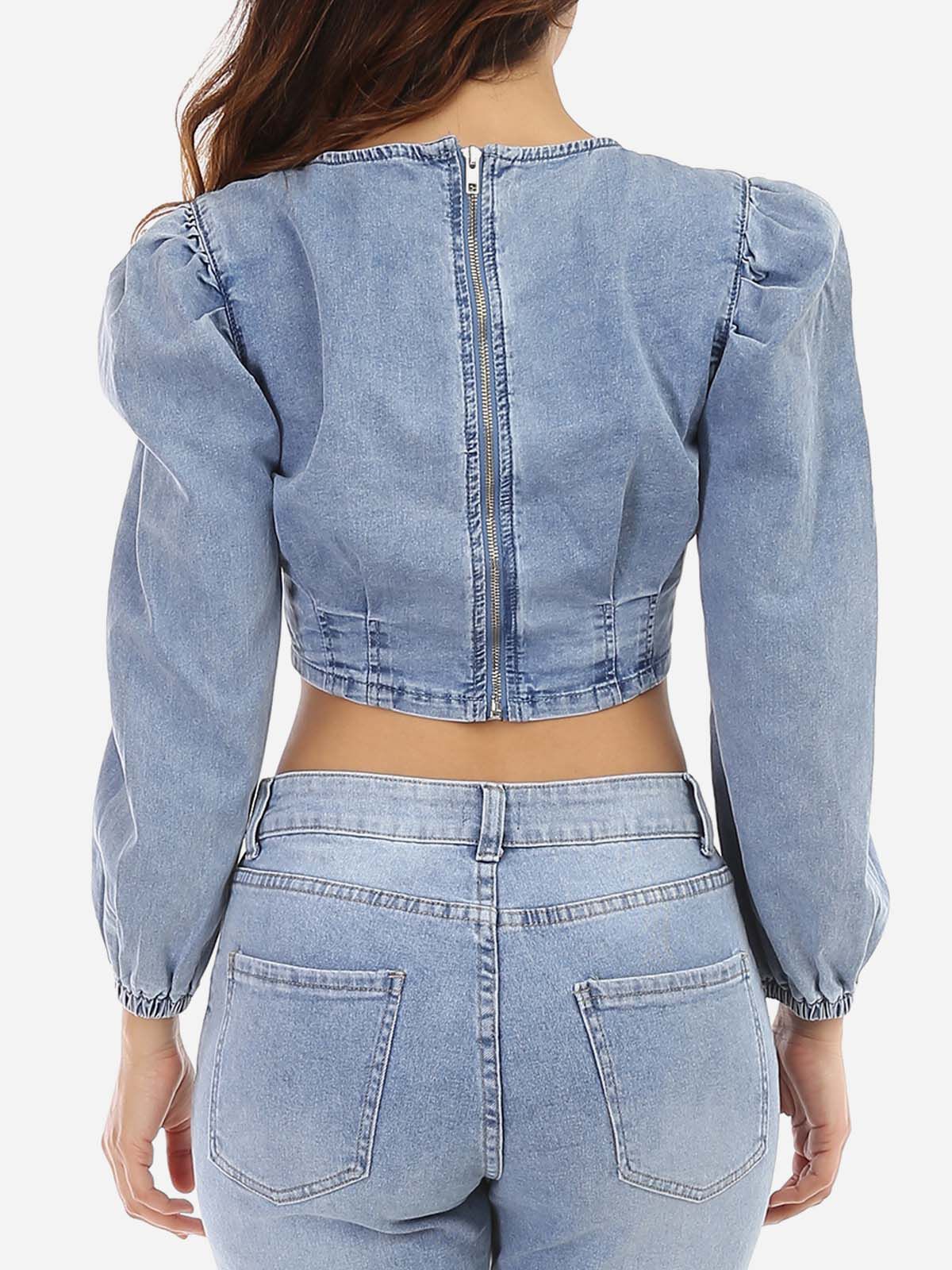 Crop top en jeans à manches gigot- Bleu