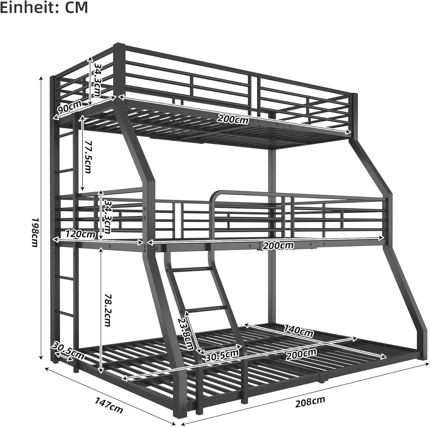 Dreifach-Etagenbett Hochbett 90x200 cm mit Leiter, Metallbett Eisenbett, Familienbett Hochbett für 3 Kinder, Jugendliche und Erwachsene, Schwarz