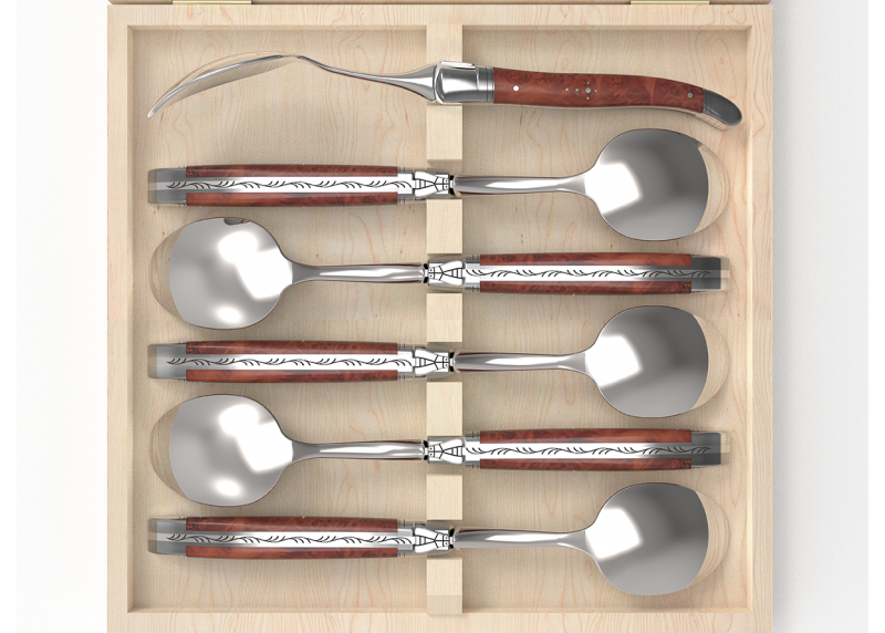 Service de 6 grandes cuillères Laguiole avec un manche en racine de bruyère et mitres en acier inoxydable