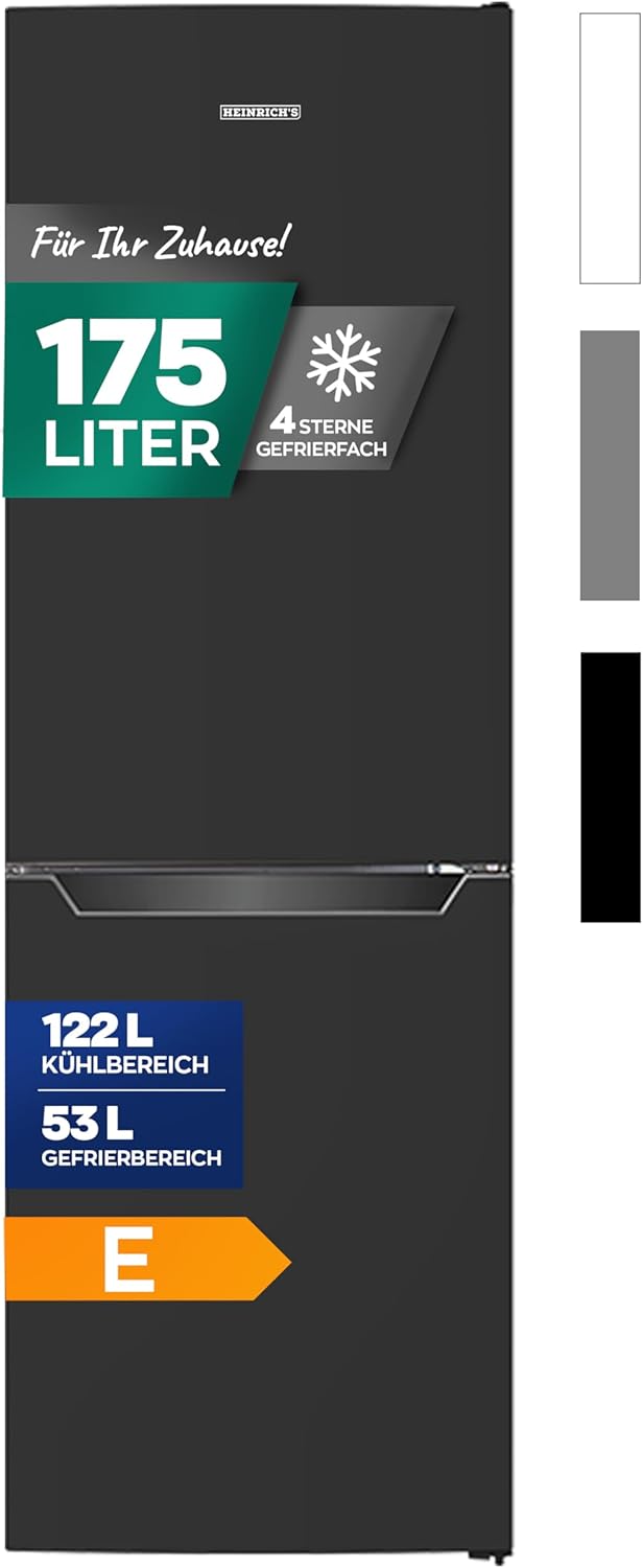 Heinrich´s Kühlgefrierkombination 175Liter, XXL, kühlschrank mit gefrierfach, Kühlvolumen 122L, Gefrierfach 53L, leise 39dB,große Tiefkühlboxen, 7 Temperaturstufen (Energieklasse E, Schwarz)