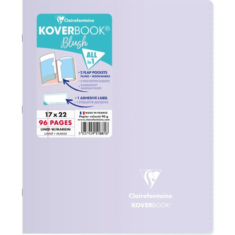 Cahier piqué Koverbook Blush 17x22cm 96 pages ligné + marge couverture polypropylène opaque Couleur aléatoire - Assortis