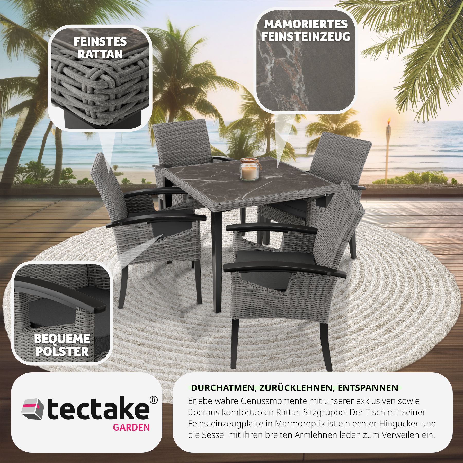 tectake® Rattan Tisch Tarent mit 4 Stühlen Rosarno, mit Holzgestellen, wetterfest und UV-beständig, Armlehnen und Füße aus Holz