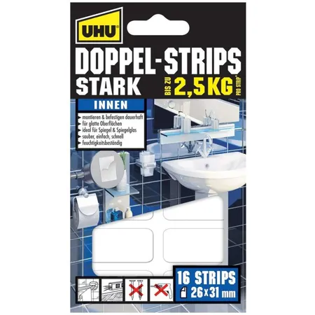 UHU® Doppel-Strips Stark, Klebekraft von 2,5 kg/ Strip, 26 mm x 31 mm, 16 Stück
