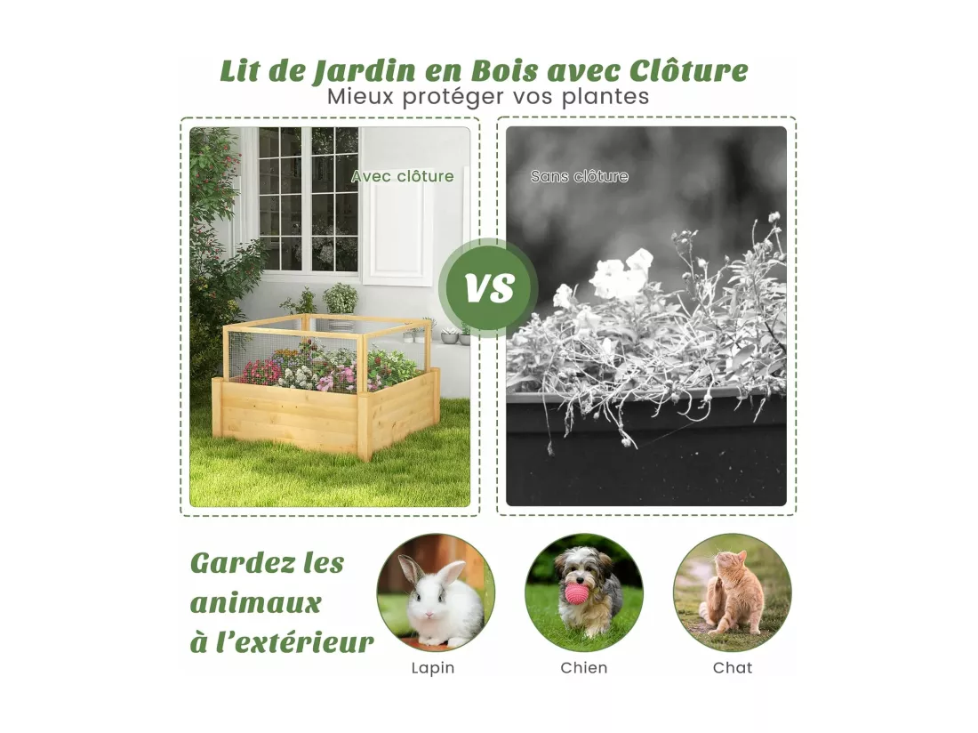 Jardinière Surélevée en Bois de SaBois avec Clôture de Protection et Grille de Culture, Lit de Jardin 107 x 107 x 80 cm, pour Culture de Fleurs Légumes Fruits