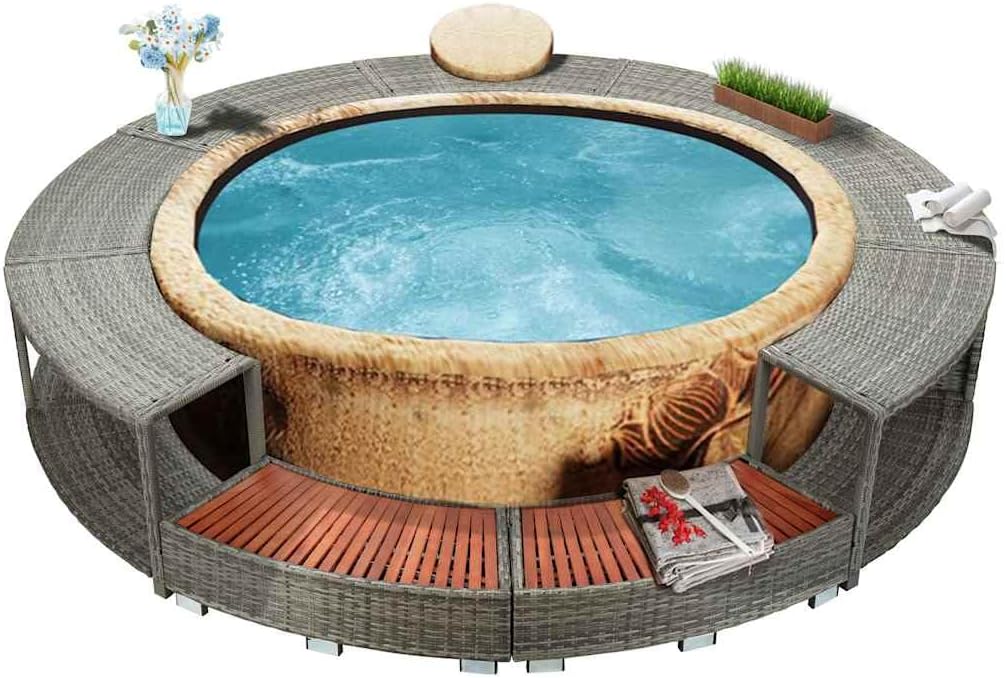 vidaXL Whirlpool Umrandung mit Stauraum Rund Poolumrandung Poolverkleidung für Spa Grau Poly Rattan Stahlrahmen Eukalyptus-Hartholz