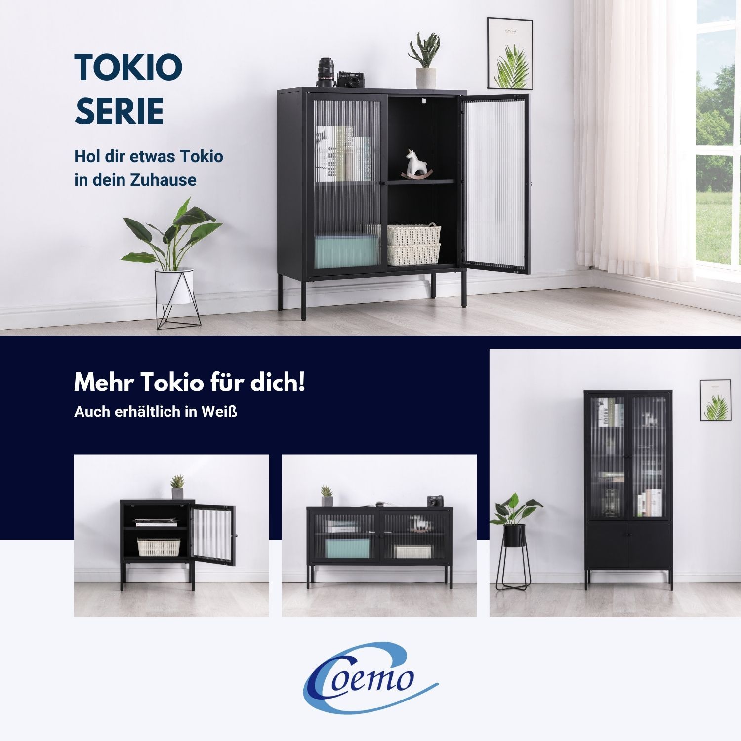 Coemo Vitrine Tokio schwarz 80x35x180cm Metall Glastüren