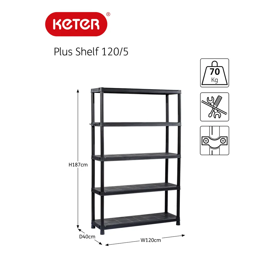 Keter Plus Stellingrek 120/5 - 5 Planken - 120x40x187 cm - zwart
