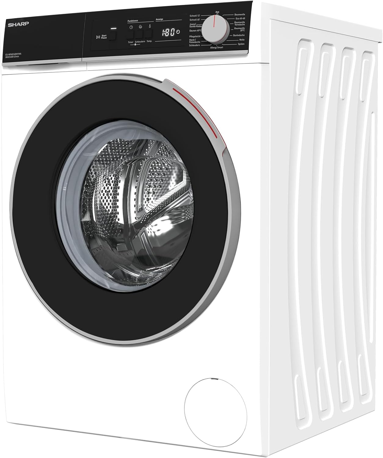 SHARP ES-NFA816BW1NA-DE Waschmaschine Frontlader mit 1600 Umdrehungen pro Minute, 8kg, 1600U/min, 15 Programme inkl. 12 Min. Kurzprogr., Allergiker-Programm, AquaStop, Weiß