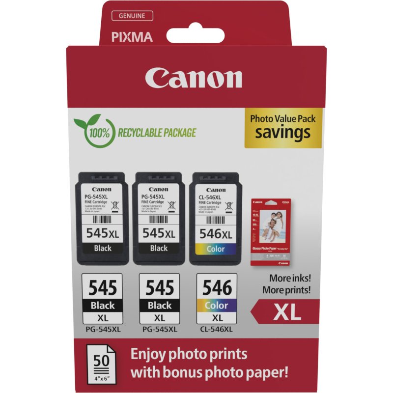 Canon PG-545 XL - CL-546XL Pack cartouches haute capacité 2 noirs + 1 couleur + papier photo pour imprimante jet d'encre