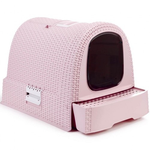 Caixa de areia para gatos com tampa rosa