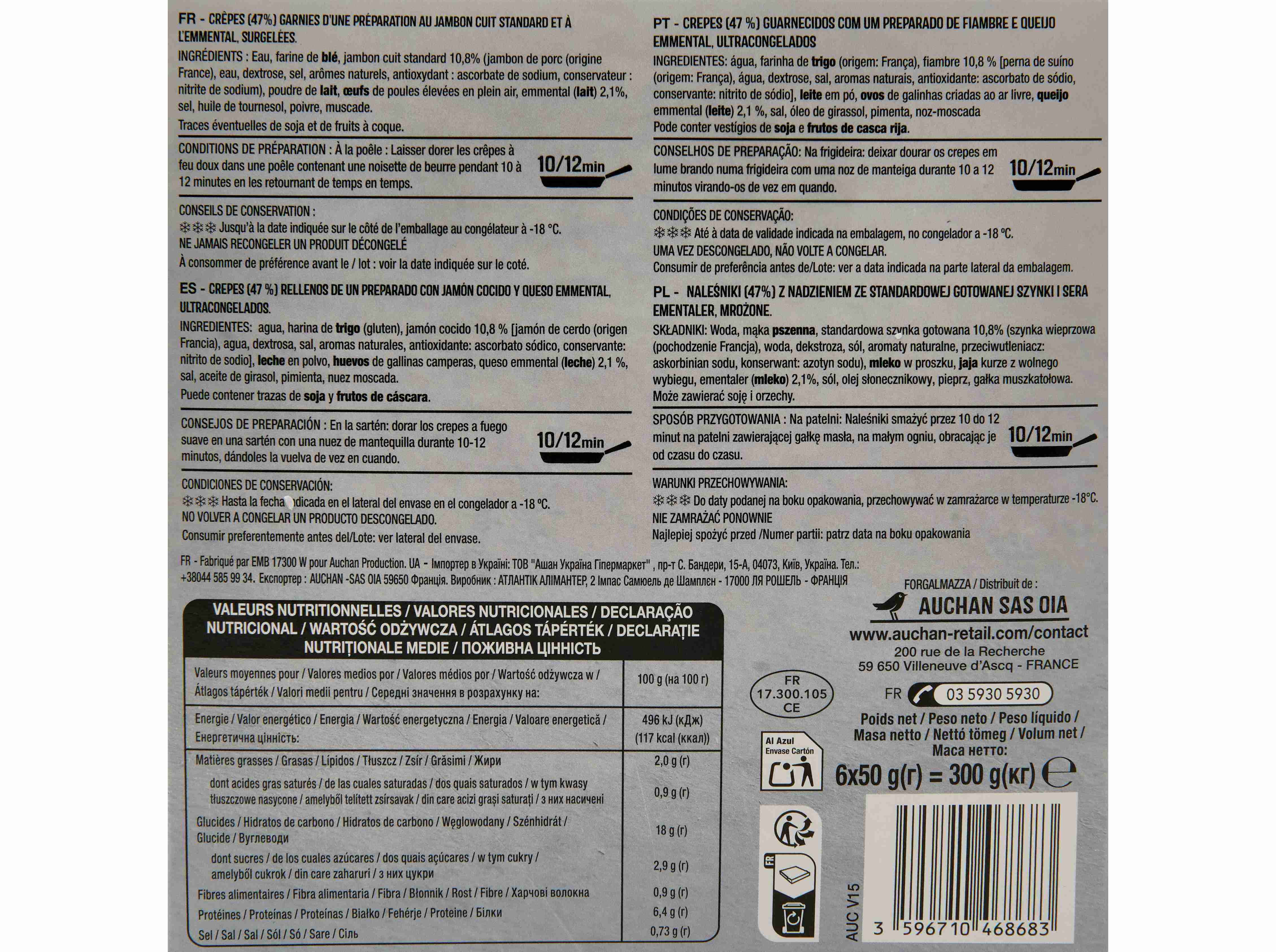 CREPES AUCHAN FIAMBRE COM QUEIJO EMMENTAL 6UN 300G