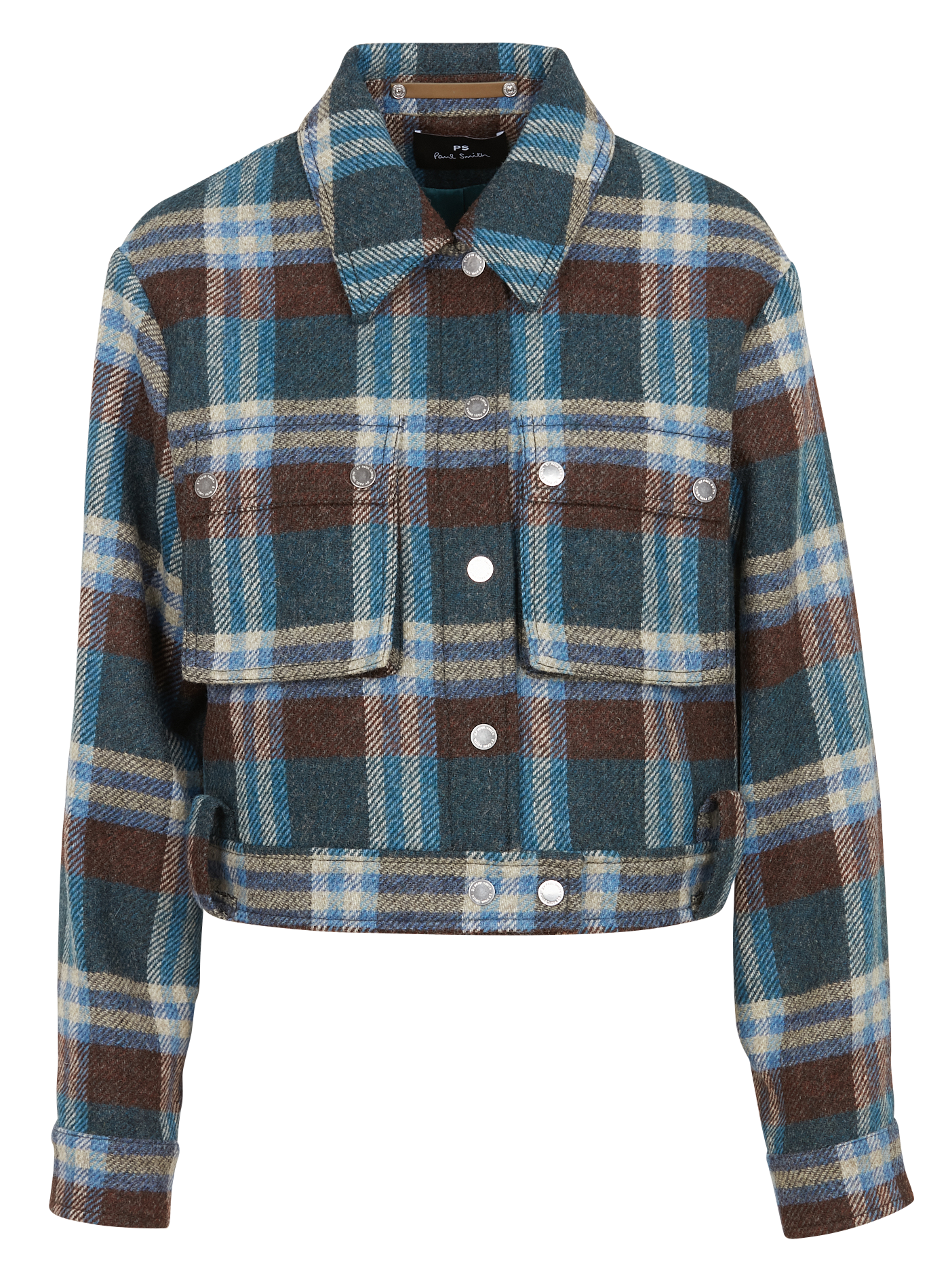 Veste courte col classique à carreaux en laine | Bleu